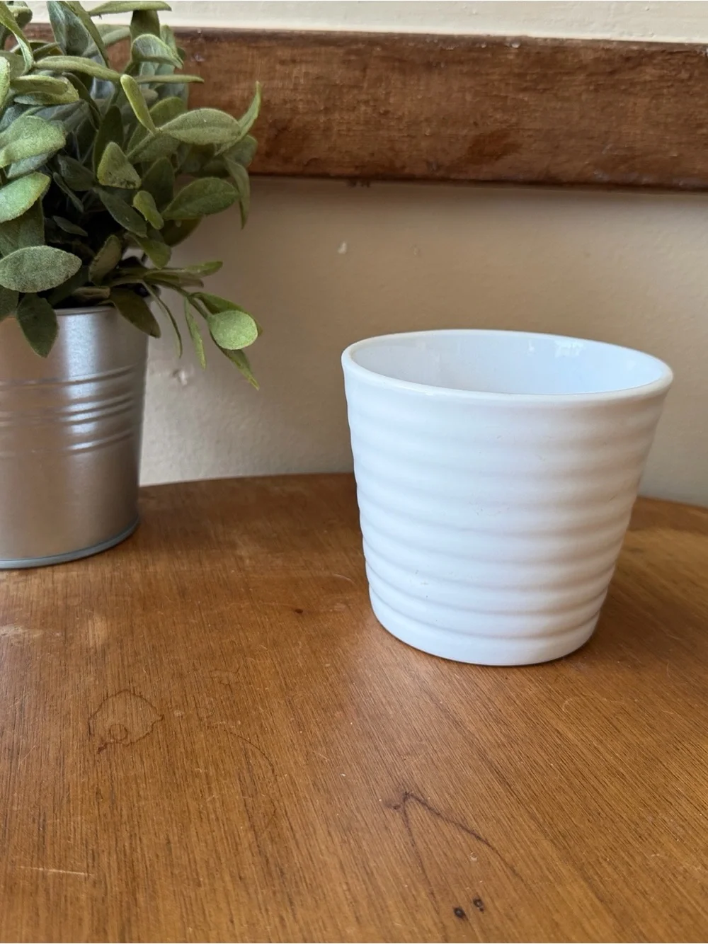 IKEA white ribbed planter with terracotta inner finish